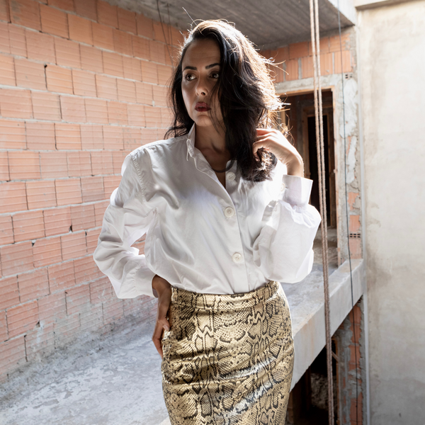 Jupe « Teksa » – Cuir Élastique Python Doré